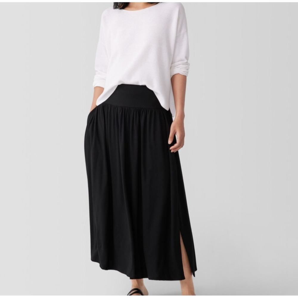 NWT Eileen‎ Fisher Fine Jersey Gathered Skirt Black Midi Pockets Slits Large